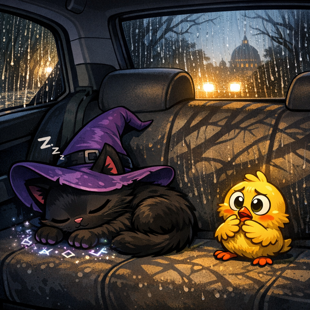 black kitten with a purple witch hat and bright green eyes. Inside a car at dusk on a tree-lined road in Rome, a black kitten with a purple witch hat and bright green hypnotic eyes is curled up asleep on the seat, tiny glowing runes fading around her paws. A small yellow chick beside her reacts with a tense posture, wings pressed to its chest, wide worried eyes. Outside the windows, rain suddenly starts pouring, streaking the glass; white headlights create long shadows of branches across the interior. The mood is sweetly spooky and comedic, with subtle magical shimmer dissipating as the kitten naps. Style: cartoon ghostbuster